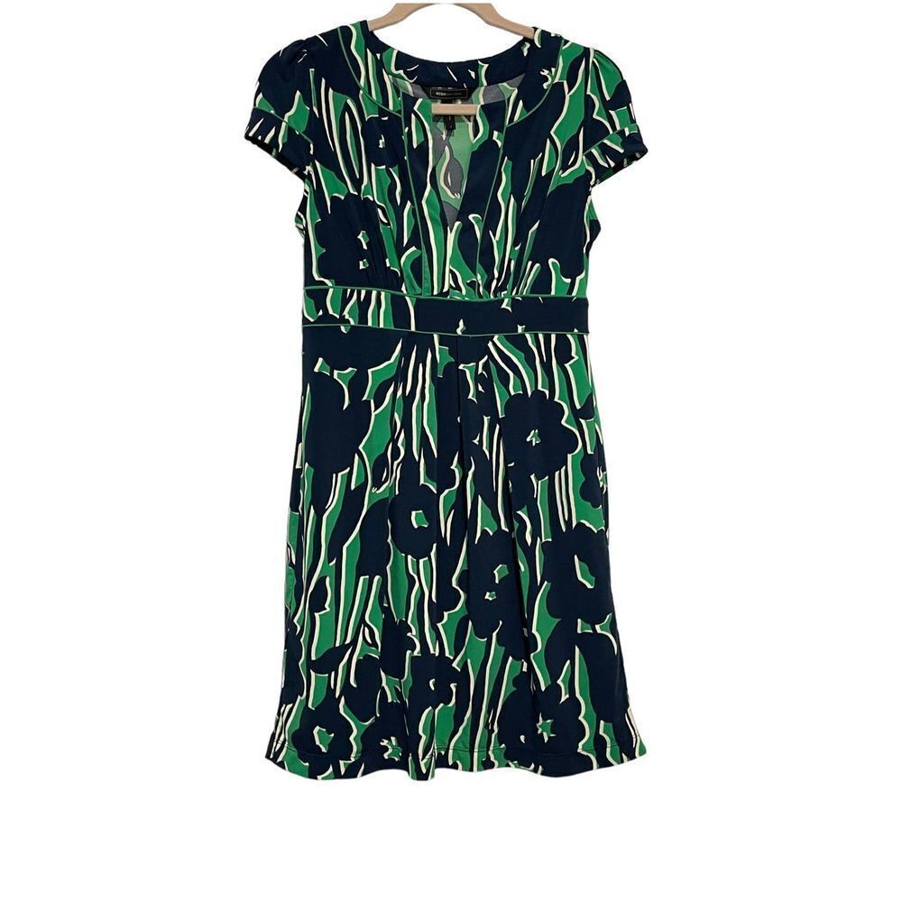 Bcbgmaxazria|retro FLORAL‎ PRINT FIT & FLARE DRESS GREEN NAVY BLUE S